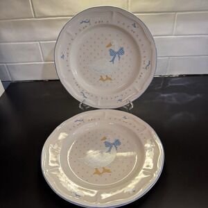 Set of 2 Aunt Rhody Brick Oven Stoneware Goose Blue Bow 11"Dinner Plates Vintage